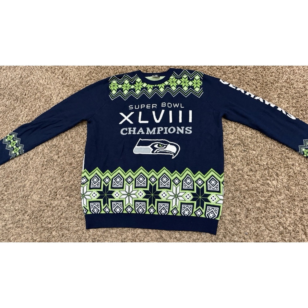 Seattle Seahawks Ugly Christmas Sweater Men Green Blue New NFL Football Sz 2XL